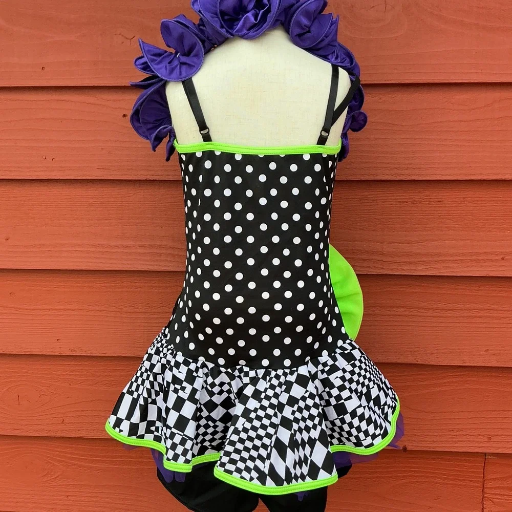 Weissman Dance Leotard Kids SA Black White Polka Dot Checkered Ruffle Costume